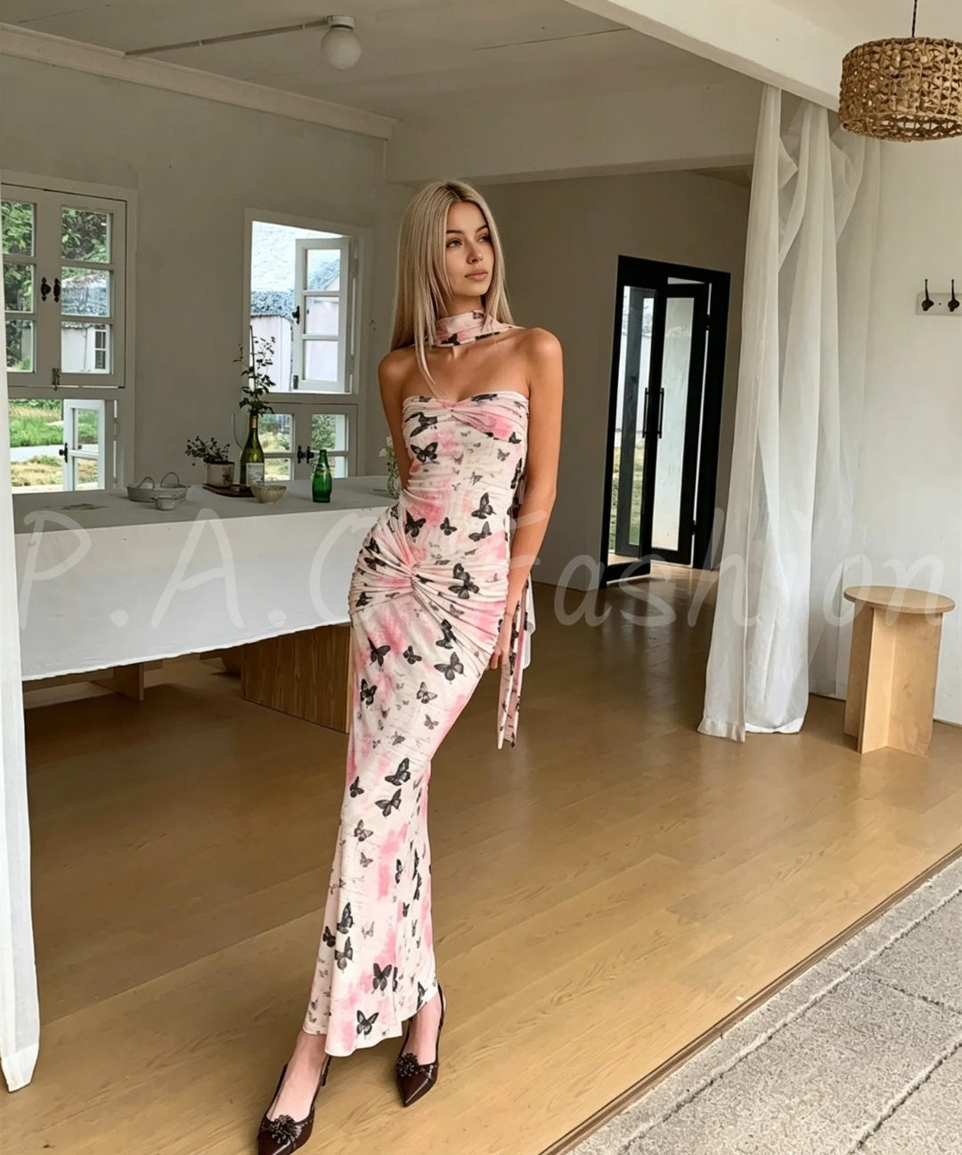 Butterfly Print Draped Scarf Mermaid Maxi Dress