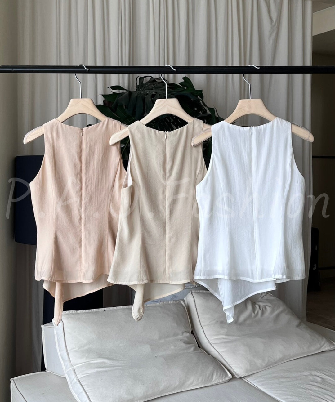 Asymmetrical Waist-Detail Sleeveless Top & Striped Wide-Leg Two-Piece Set