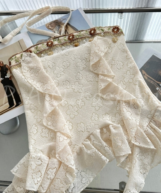 Boho Lace Halter Top & Burgundy Ruffle Mini Set[Available Now]