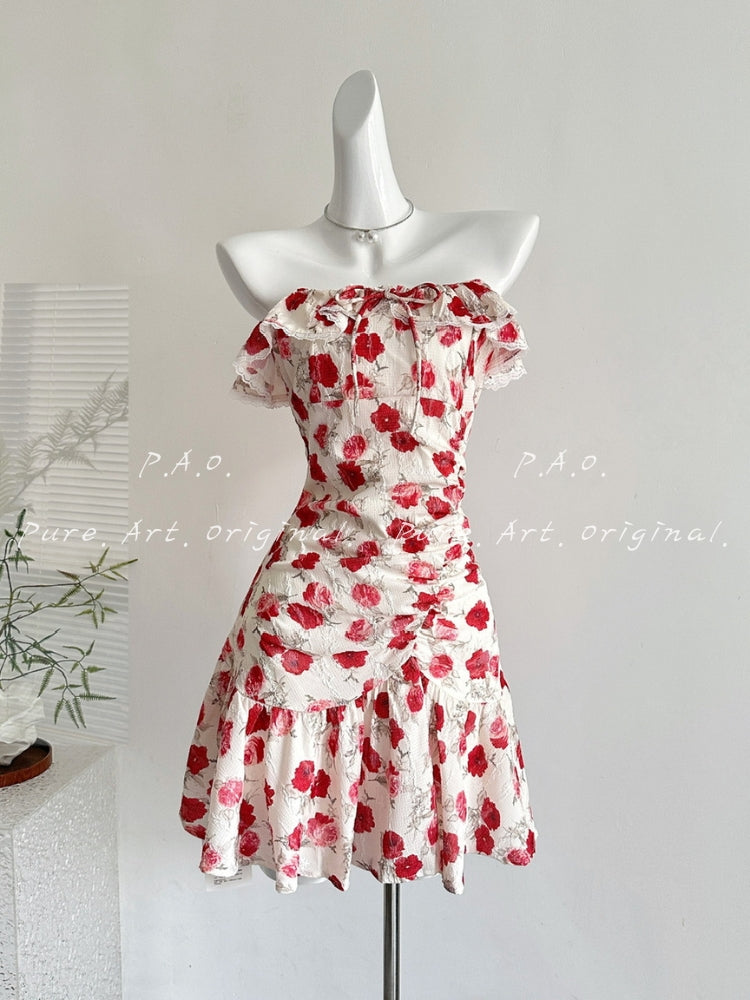 ROSE PRINT OFF-SHOULDER MINI DRESS