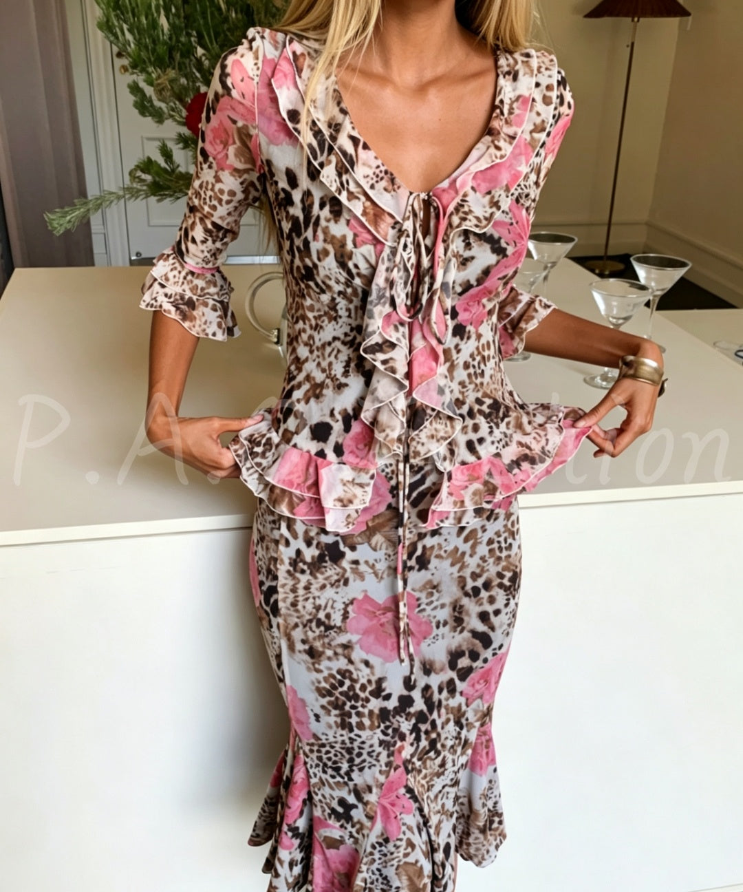 Floral Leopard Print Ruffle Tie Cardigan & Mermaid Midi Skirt Two-Piece Set