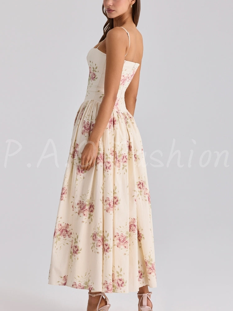 Rose Print Corset A-Line Dress