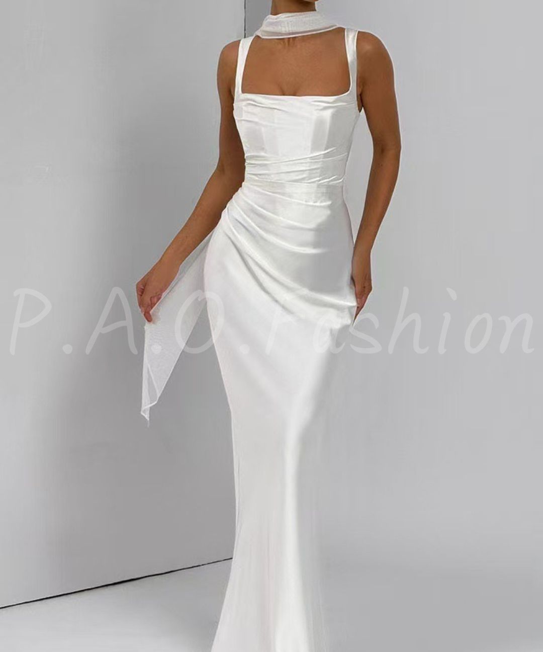 Satin Mermaid Maxi Gown with Halter Scarf