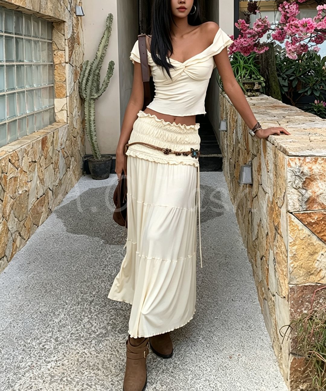 Bohemian Off-Shoulder Twist Top & Tiered Maxi Skirt Set