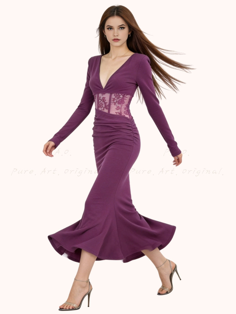 Lace Cutout Corset Detail Long Sleeve Dress