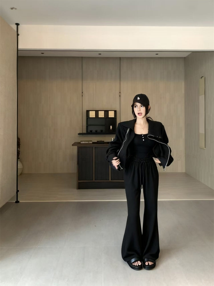 Slim-Fit Asymmetrical Zip Mock Neck Sweatshirt & Flared Pants Set