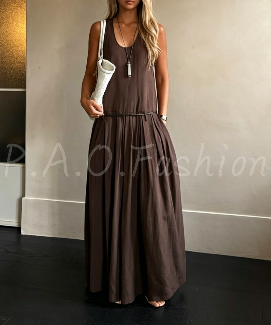 Minimal Belted Sleeveless Maxi Dress