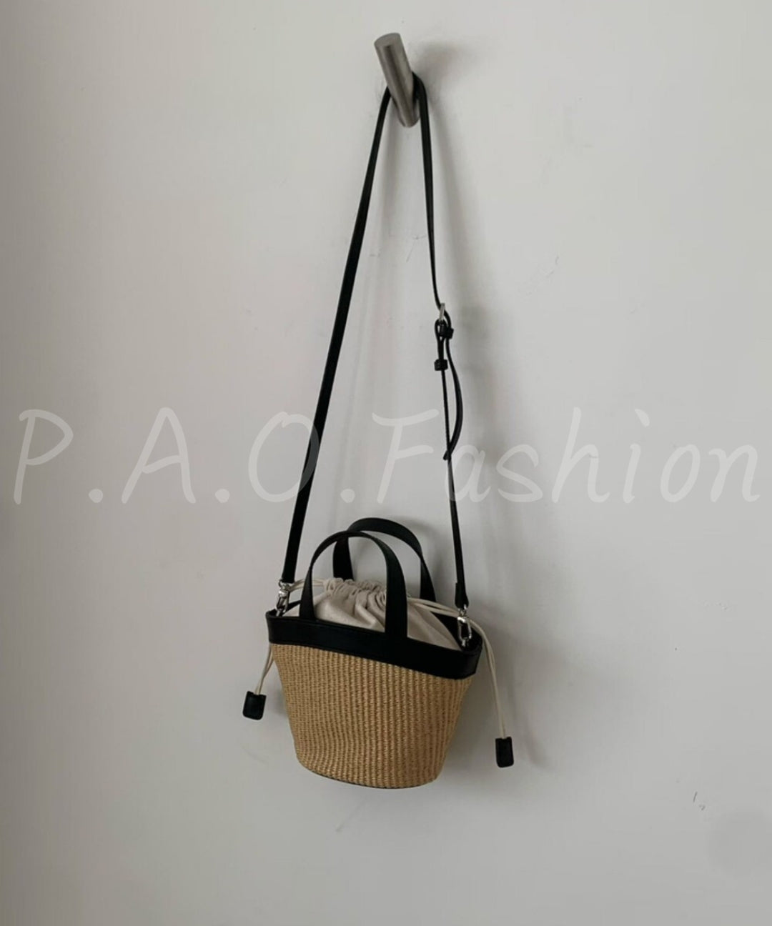 Straw & Leather Crossbody Bucket Bag