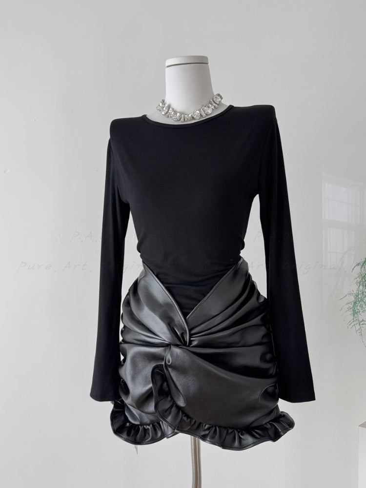 Faux Leather Panel Twist Front Mini Dress