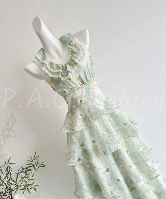 Foil Butterfly Print Halter Tiered Maxi Dress[Available Now]