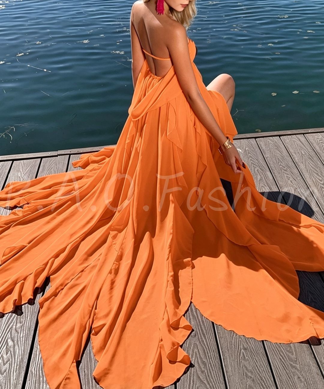 Rhinestone Bow Bandeau Ruffle Slit Chiffon Maxi Dress