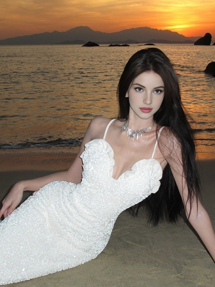 Velvet Collar Bud Detail Sequin Dress