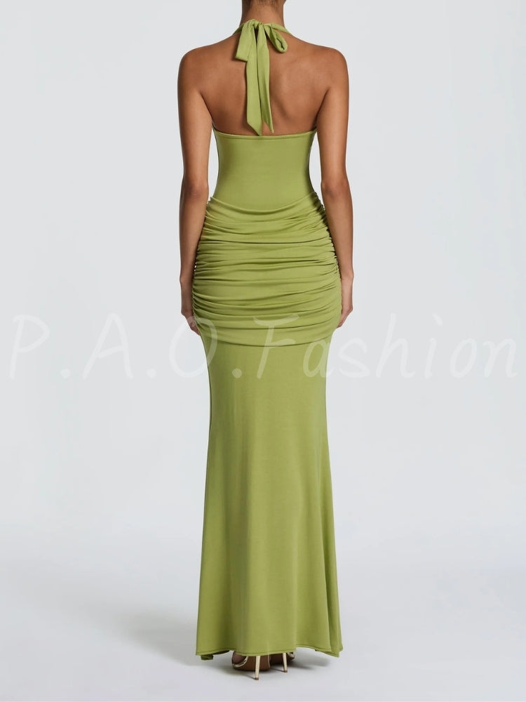Twist Halter Ruched Open-Back Mermaid Maxi Dress