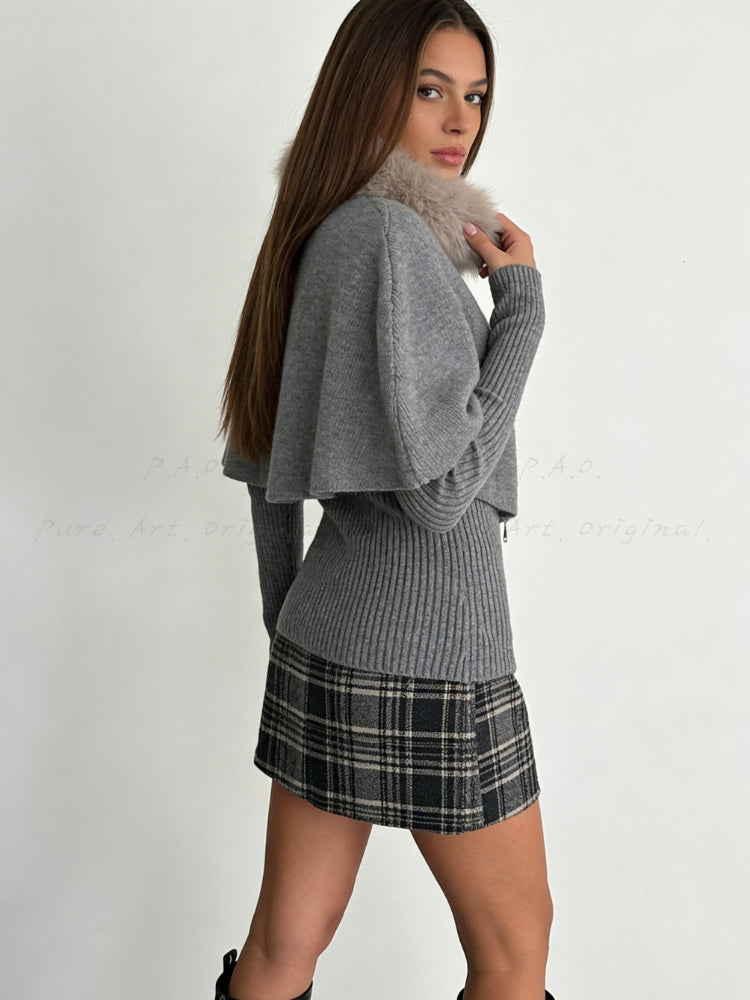 Detachable Faux Fox Fur Collar Cape Sweater Set (Multi-Way Styling)