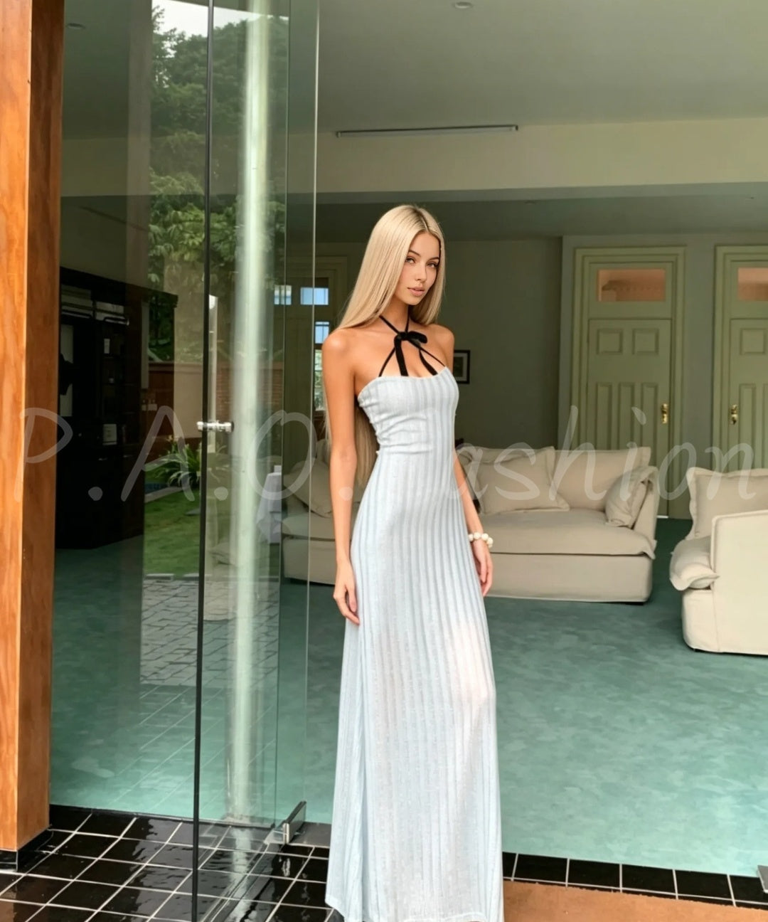 Bow Halter Ribbed Knit Mermaid Maxi Dress