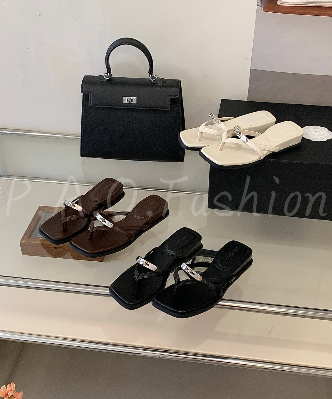 Square Toe Thong Sandals with Metal Detail