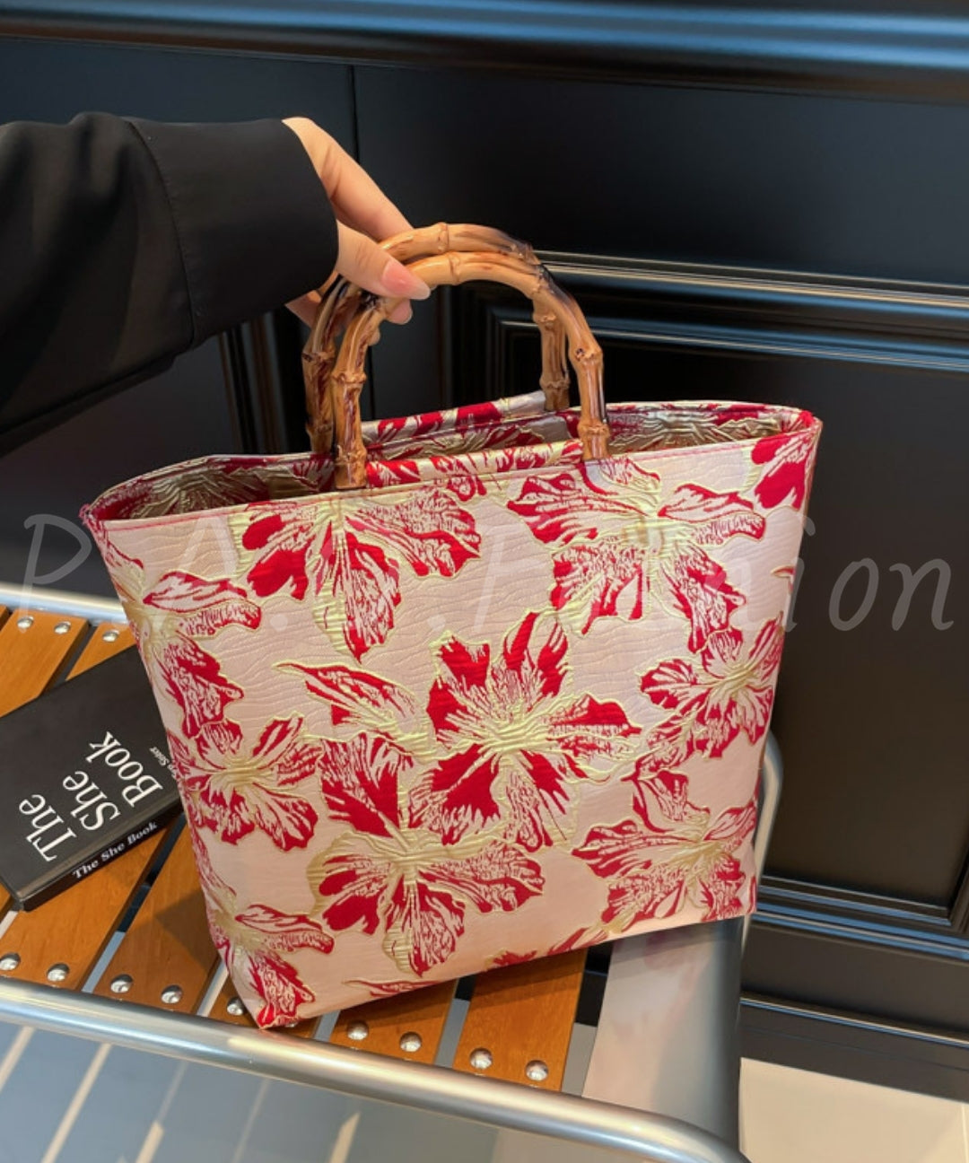 Floral Jacquard Bamboo Handle Tote Bag