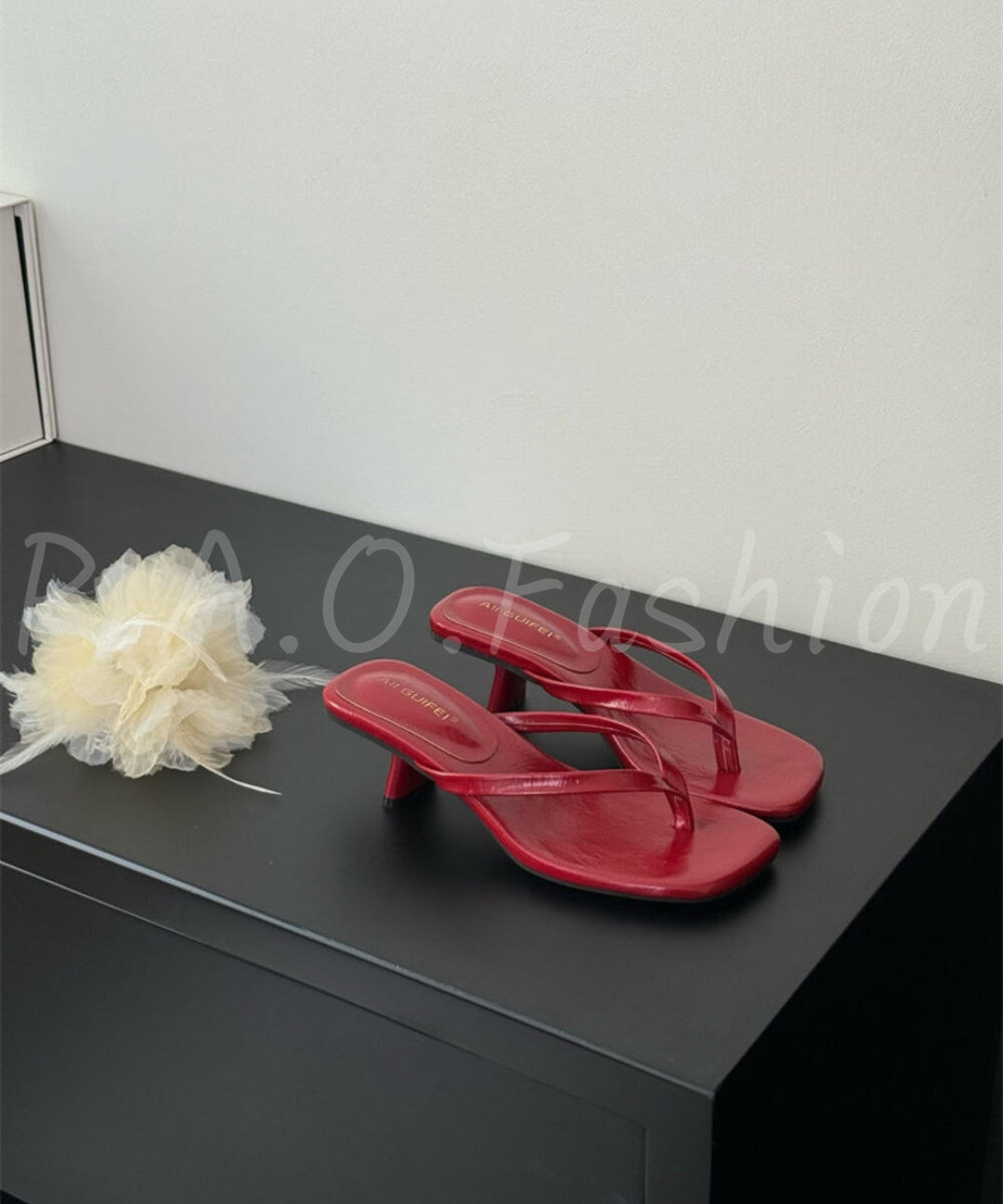 French Square-Toe Thong Heel Sandals