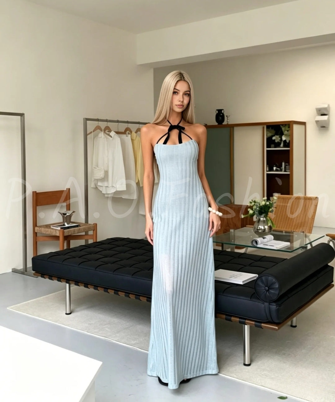 Bow Halter Ribbed Knit Mermaid Maxi Dress