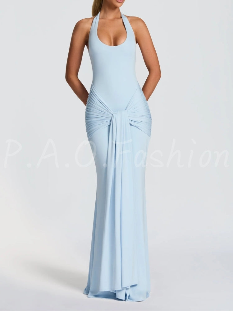Twist Halter Ruched Open-Back Mermaid Maxi Dress