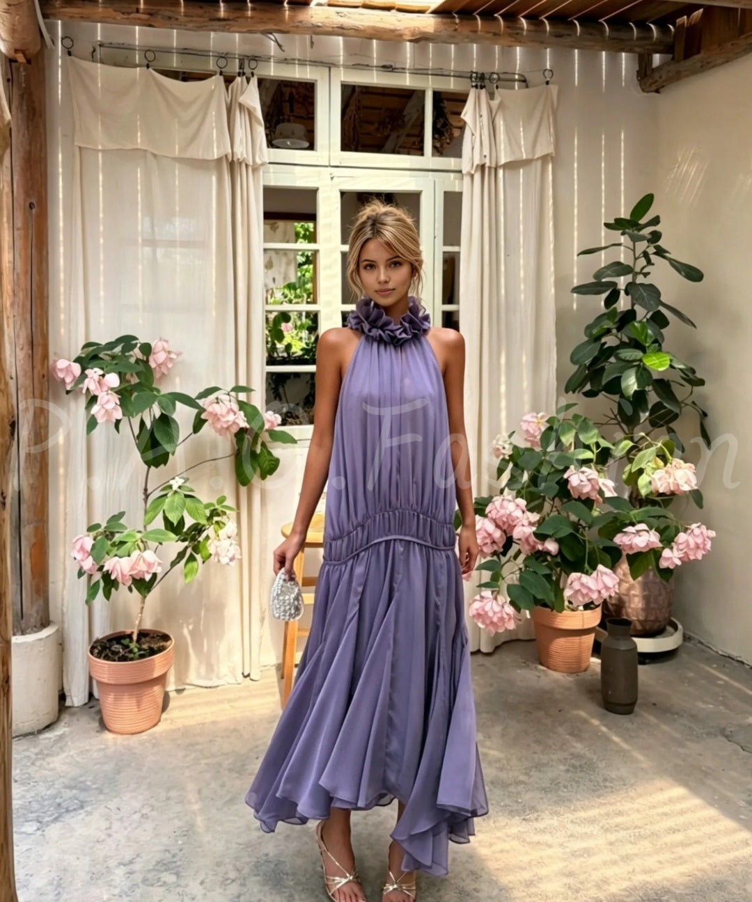 Ruffle Halter Chiffon Maxi Dress