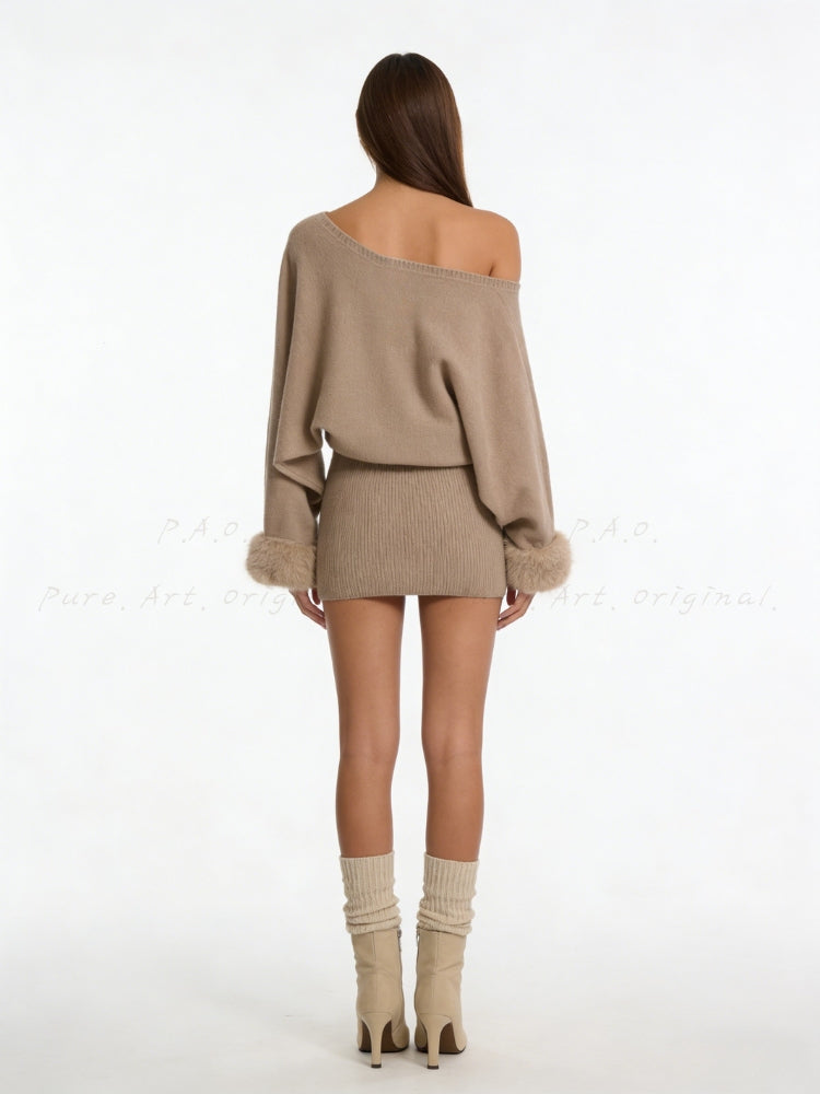 Eco Faux Fox Fur Off-Shoulder Knit Mini Dress