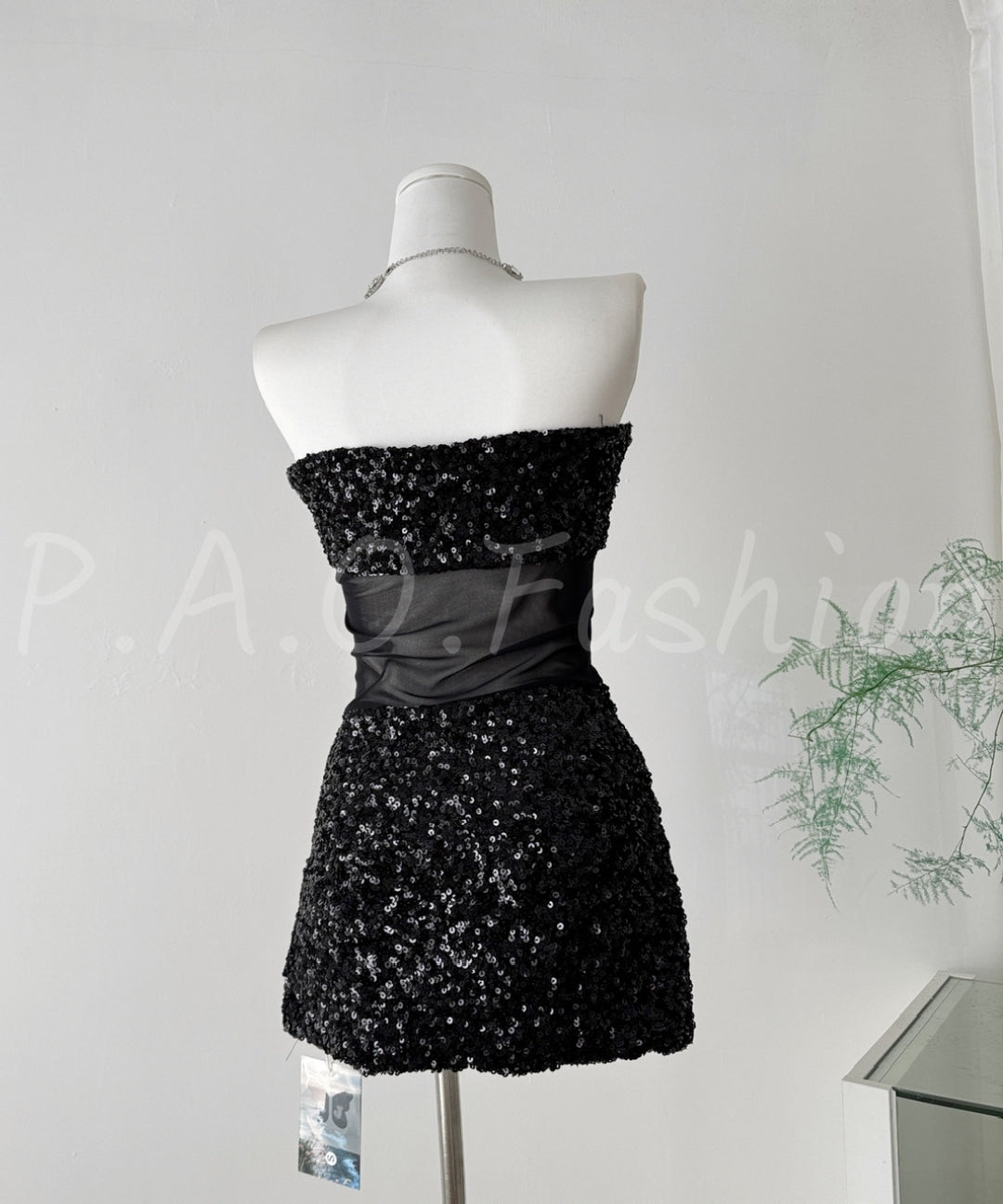 Black Sequin Mesh Panel Strapless Mini Dress[Available Now]