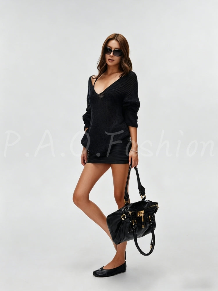 Vintage Slouchy V-Neck Open-Knit Sweater
