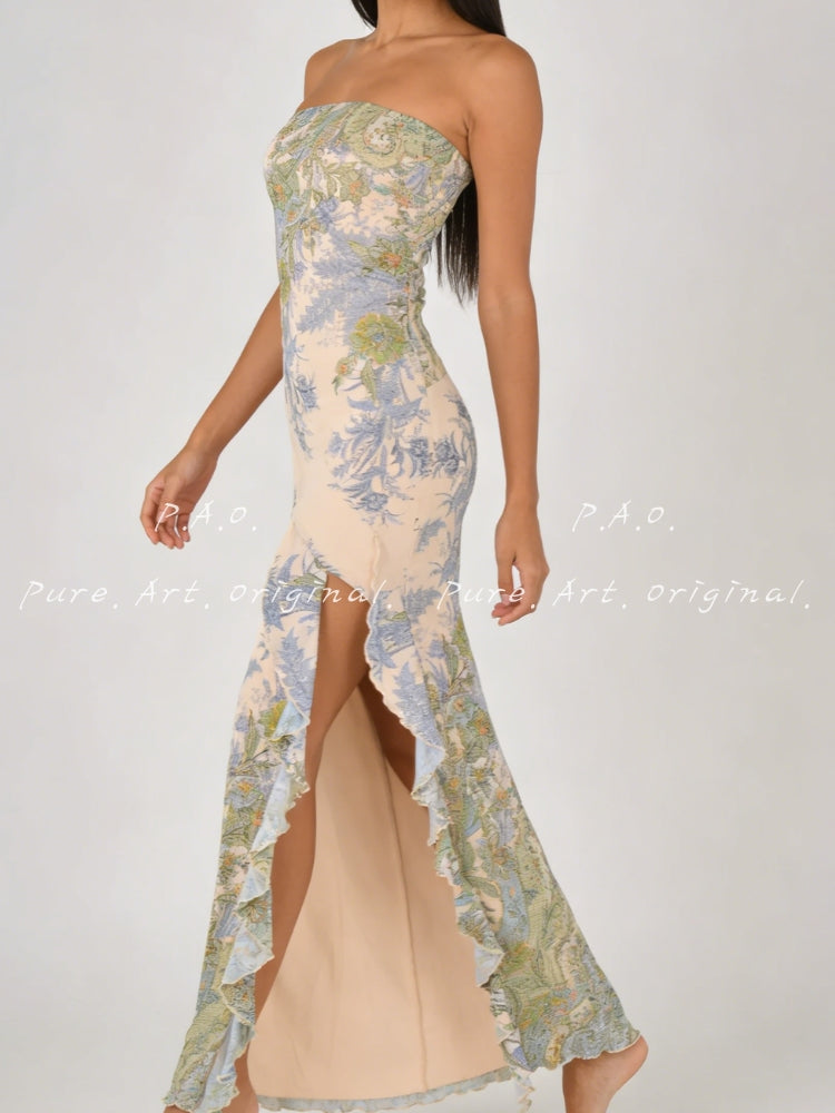 Vintage Floral Strapless Slit Maxi Dress