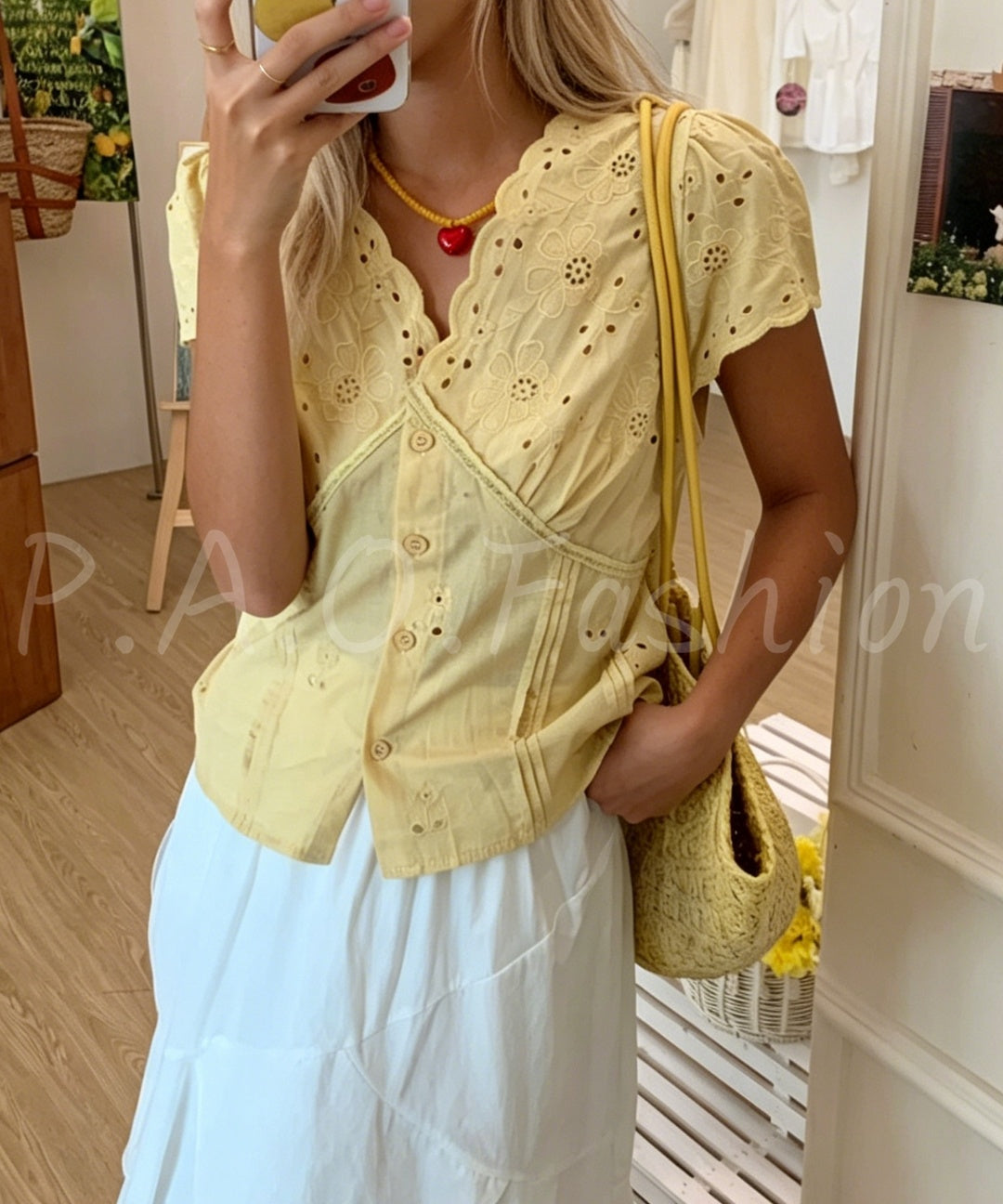 Lace Trim Embroidered Cutwork V-Neck Cropped Blouse