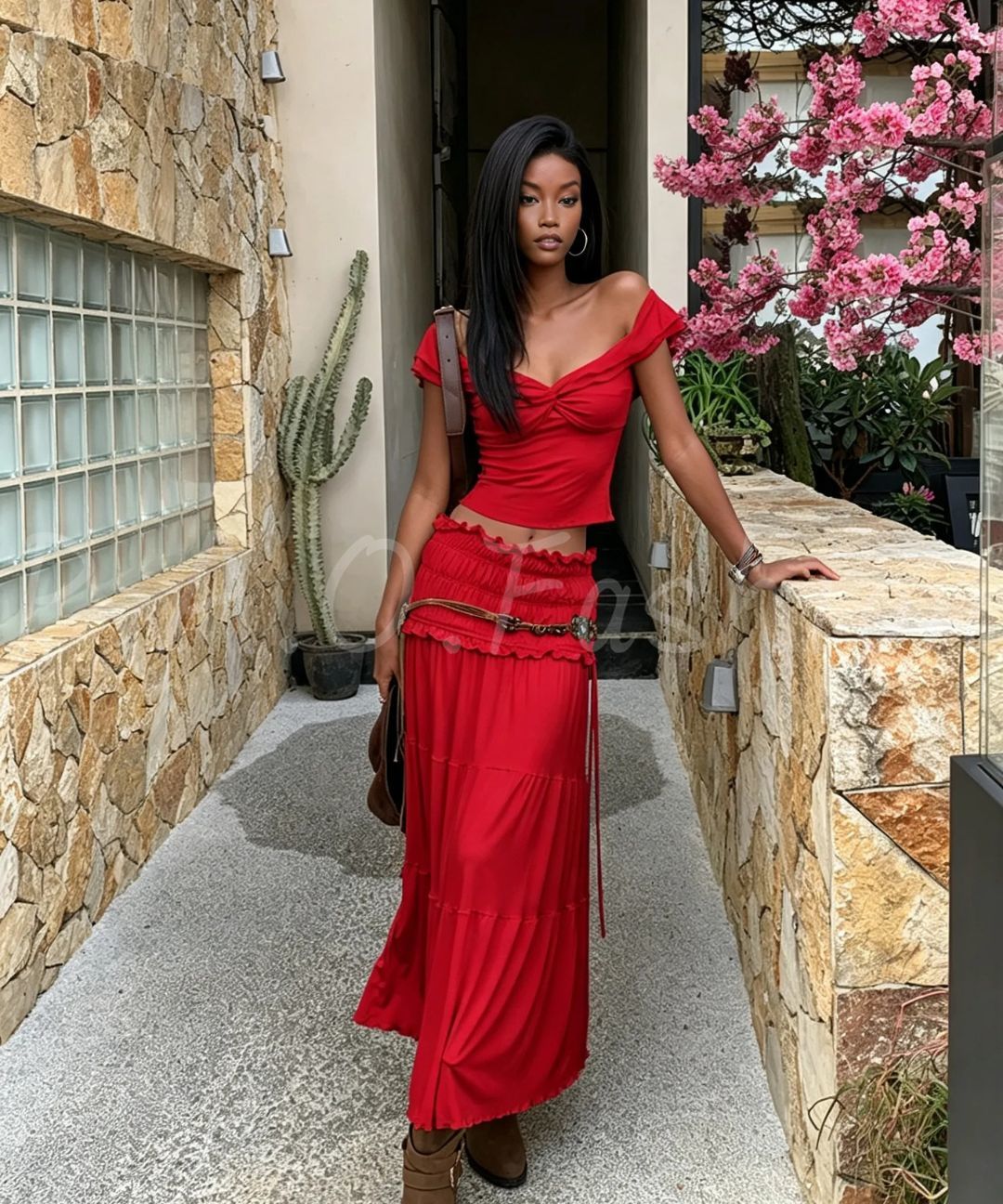 Bohemian Off-Shoulder Twist Top & Tiered Maxi Skirt Set