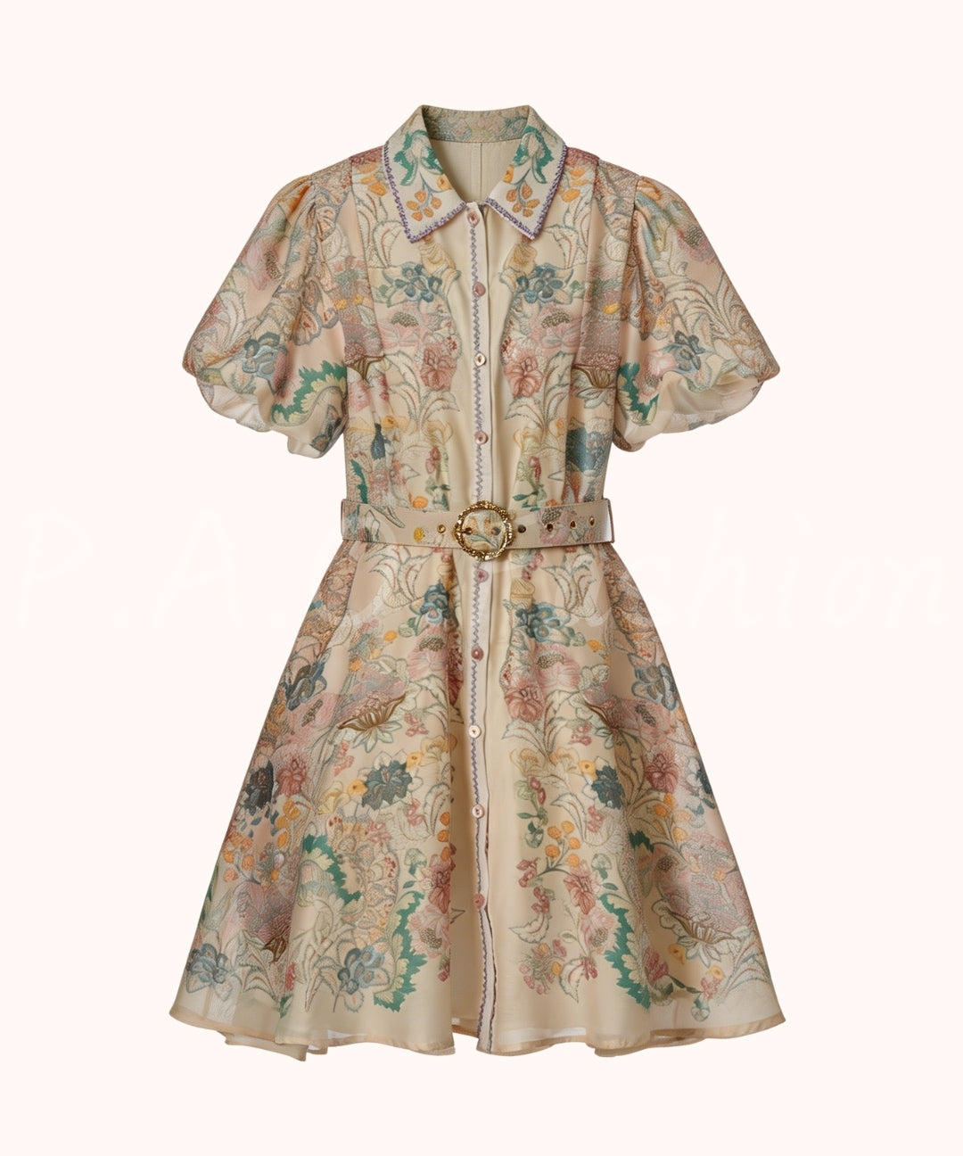 Garden Print Puff Sleeve Waist Dress[Available Now]