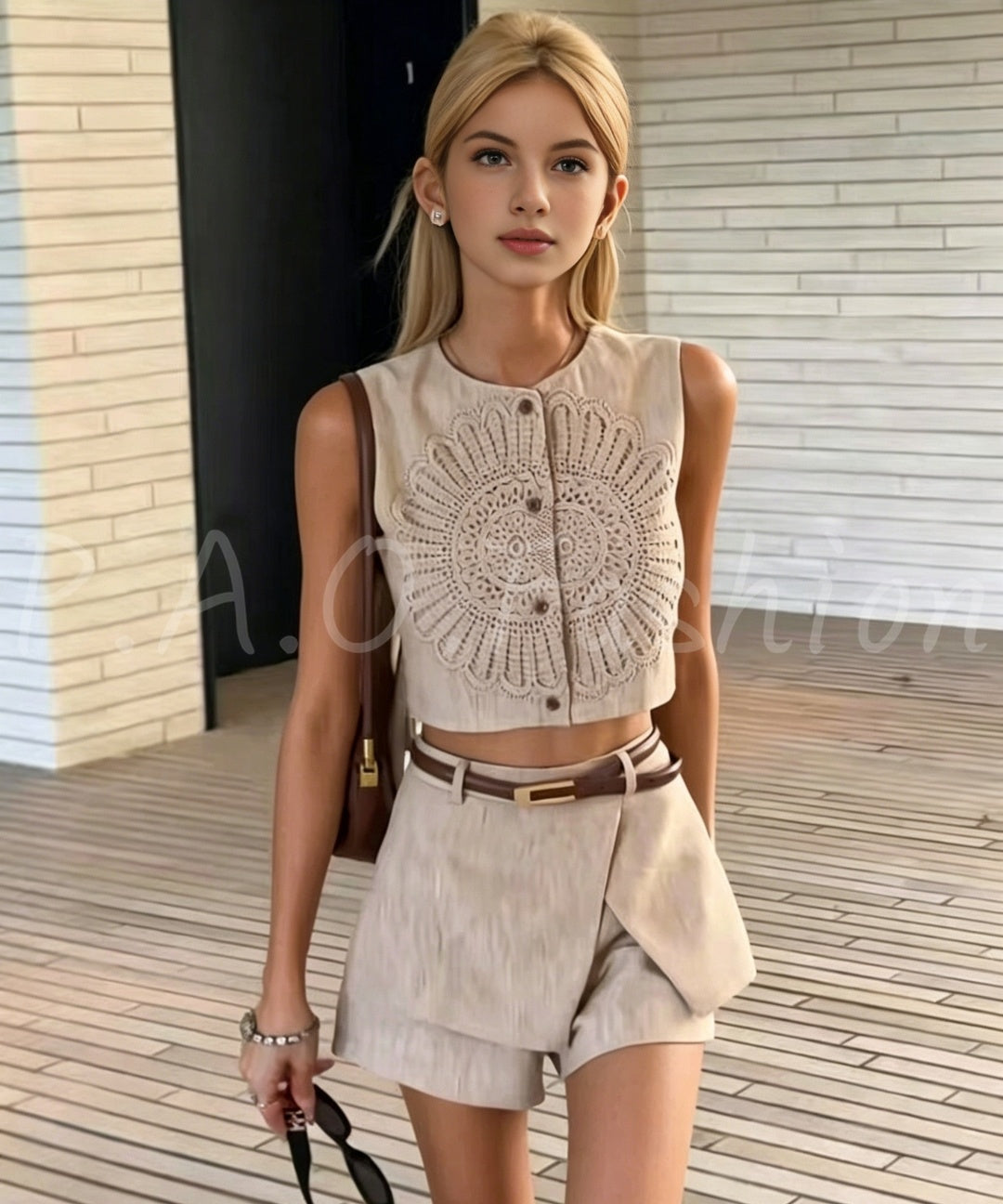 Tencel Linen Crochet Vest & Wrap Skort Set
