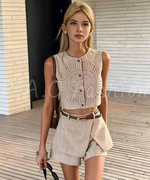Tencel Linen Crochet Vest & Wrap Skort Set