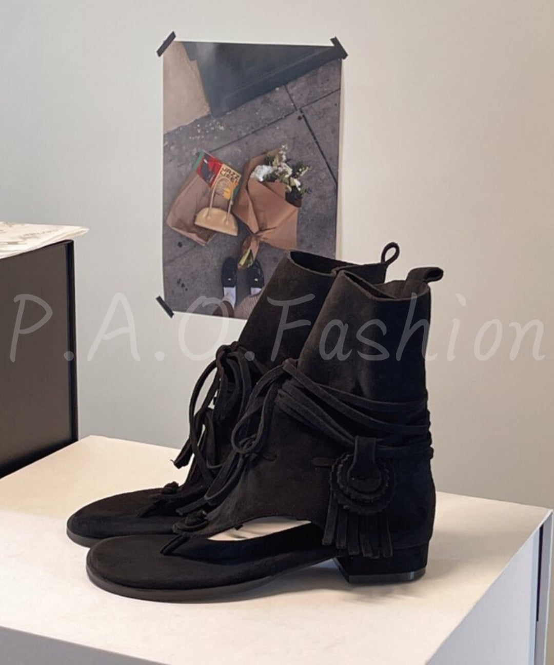Fringe Toe-Loop Ankle Sandal Boots