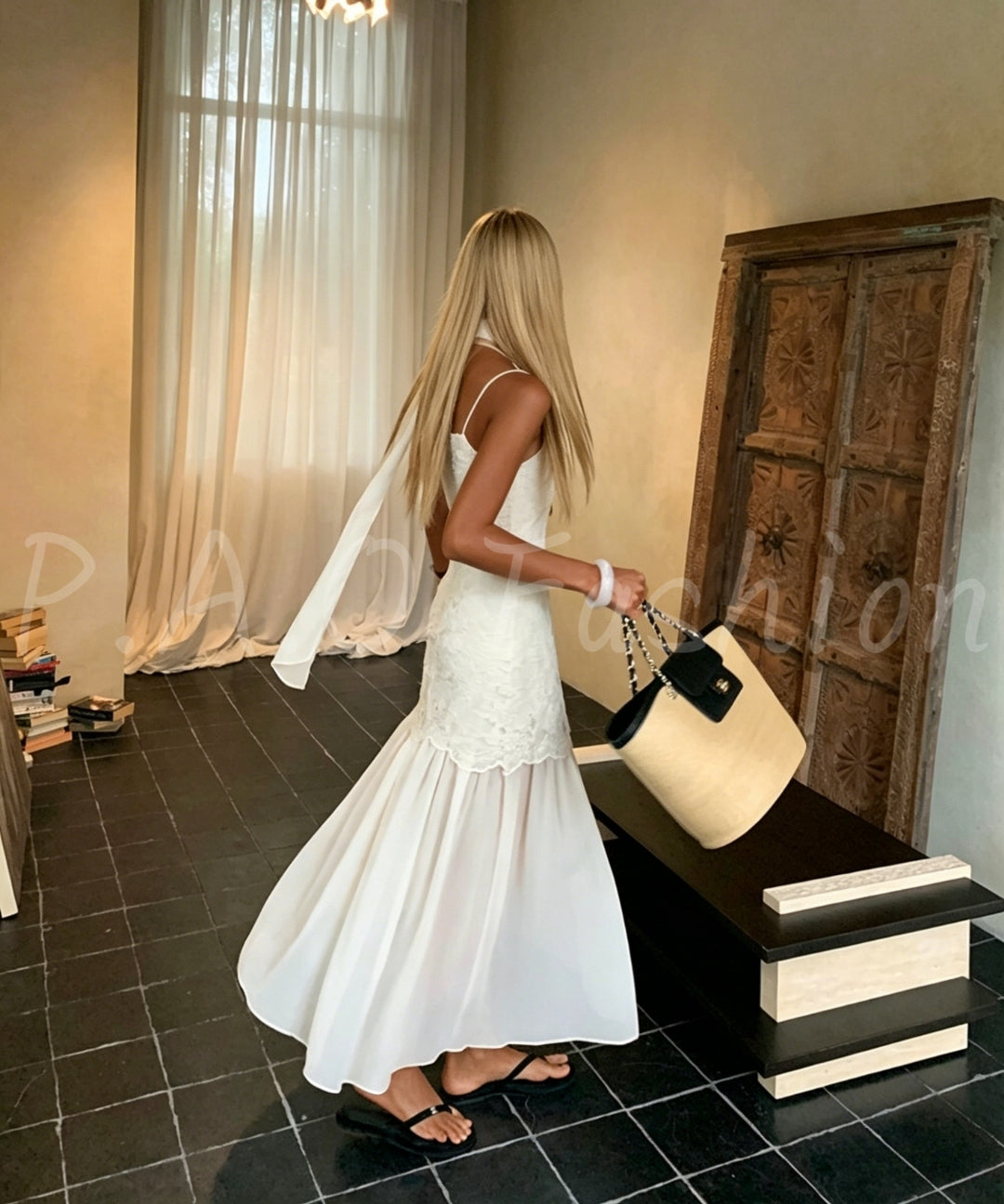 Lace Panel Slip Dress with Chiffon Scarf