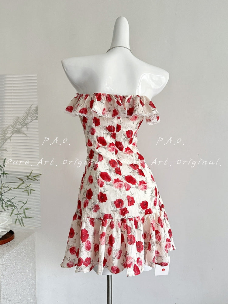 ROSE PRINT OFF-SHOULDER MINI DRESS