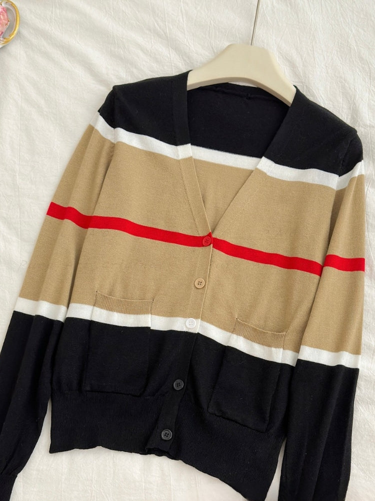 Striped Knit Fitted Cardigan