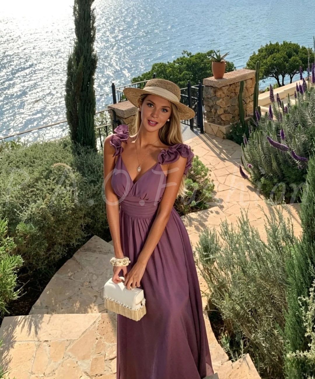 Ruffle Shoulder Open-Back Chiffon Maxi Dress