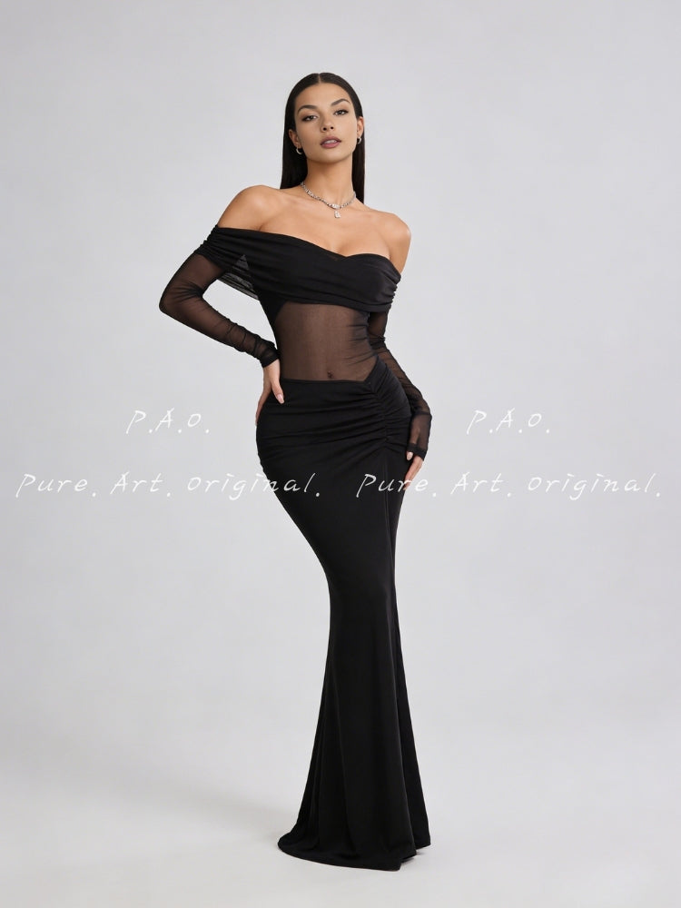 OFF-SHOULDER MESH PANEL MERMAID DRESS