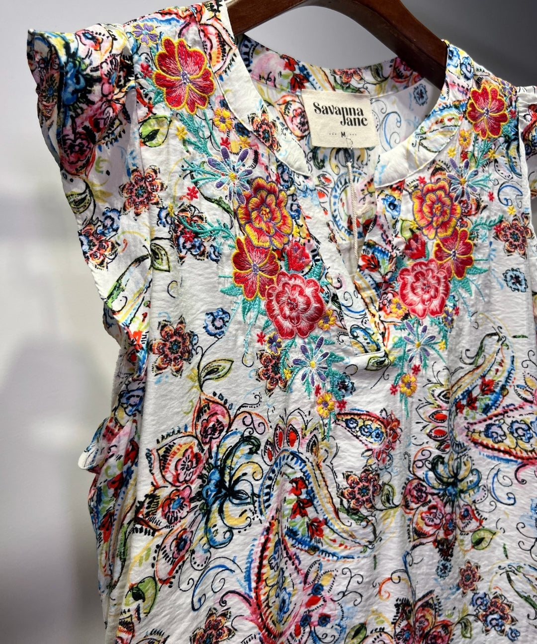 Bohemian Embroidered Paisley Ruffle Sleeveless Top