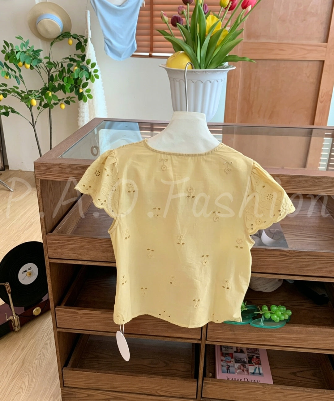Lace Trim Embroidered Cutwork V-Neck Cropped Blouse