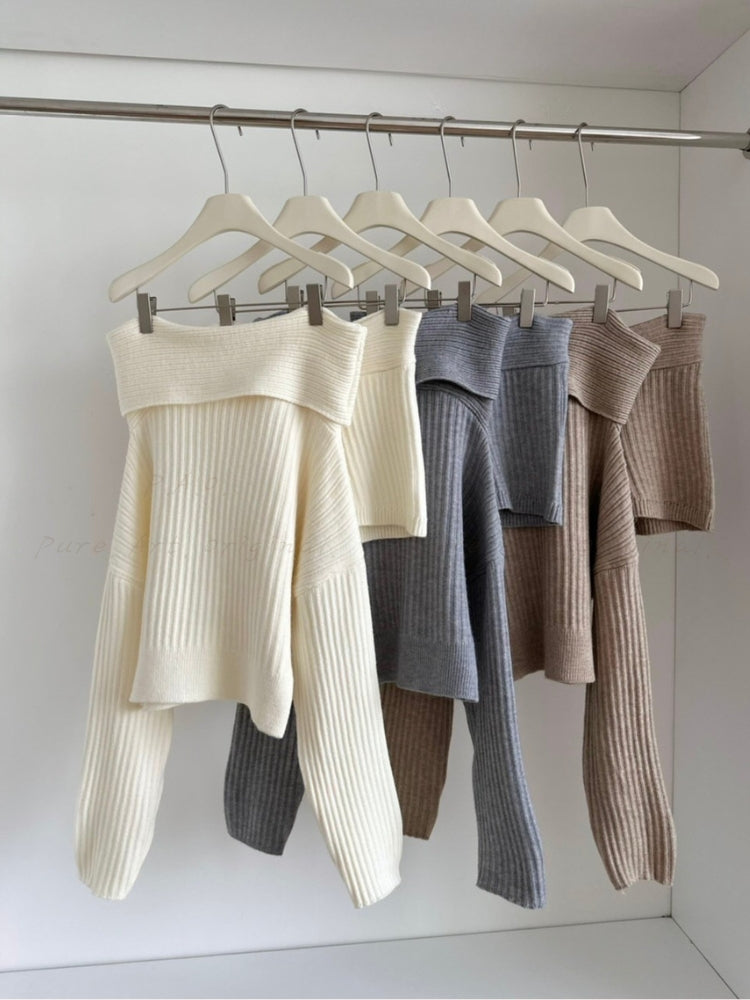 Off-Shoulder Knit Sweater & Relaxed Shorts Two-Piece Set