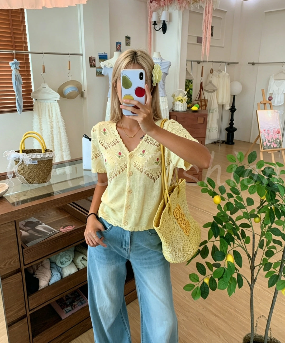 Embroidered Open-Knit V-Neck Short Sleeve Cardigan