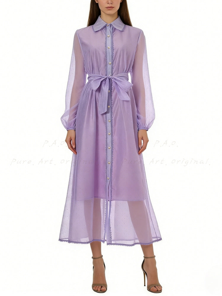 Rhinestone Organza Trim Tie-Waist Maxi Dress