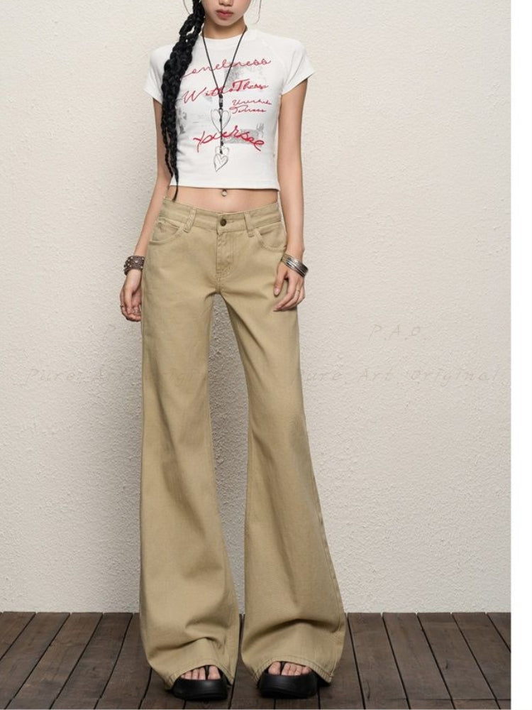 Low-Rise Retro Khaki Flared Trousers