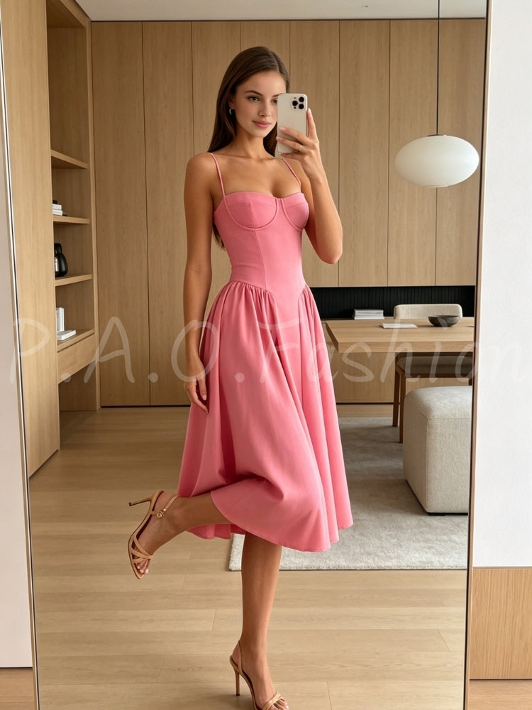 Halter Lace Trim Corset Tulle Midi Dress