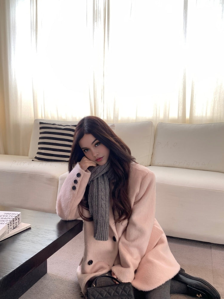 French-Inspired Pink Wool-Feel Thickened Blazer