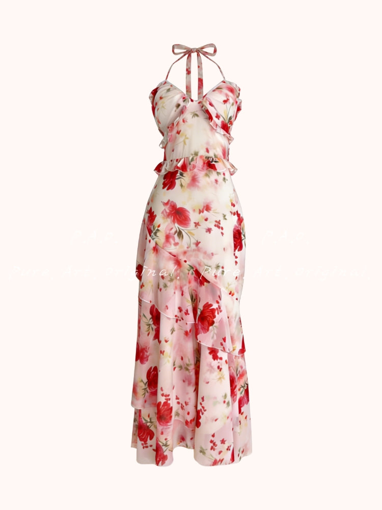 Floral Halter Chiffon Maxi Dress