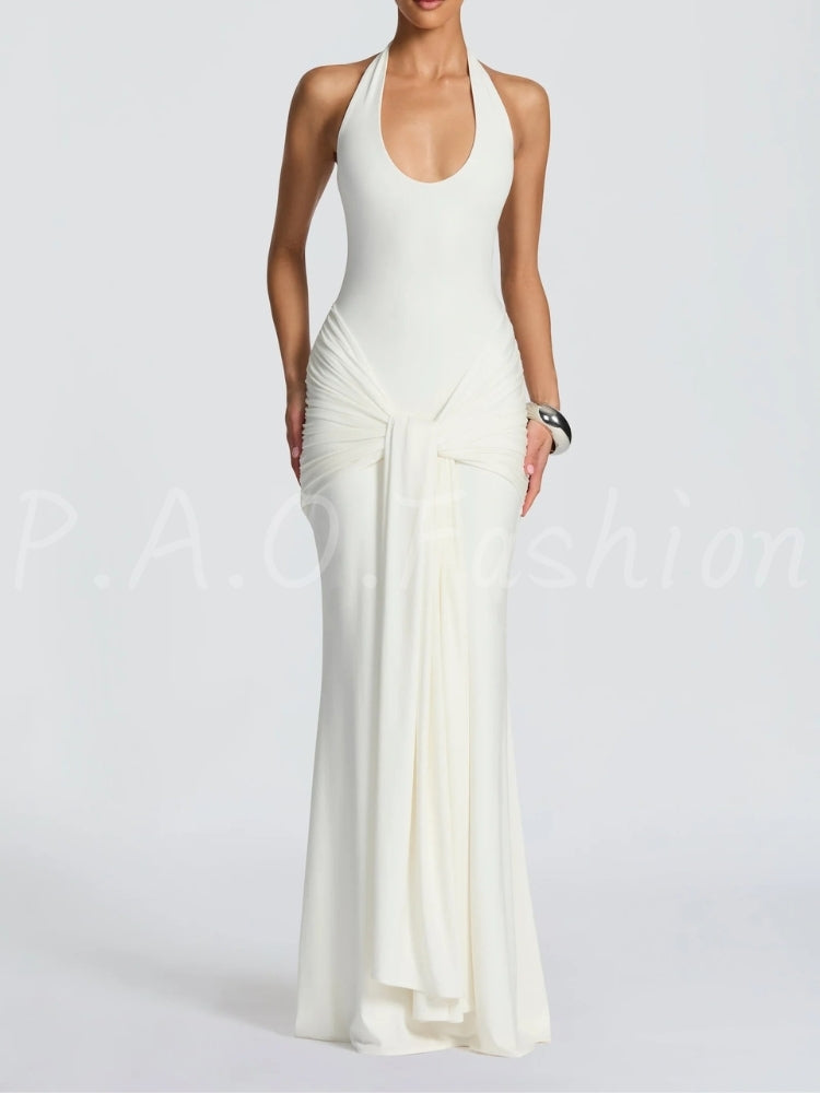 Twist Halter Ruched Open-Back Mermaid Maxi Dress